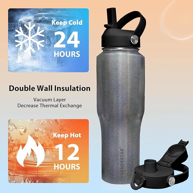SENDESTAR 40oz Stainless Steel Water Bottle(Cold for 48 Hrs, Hot for 24 Hrs),Double Wall Vacuum Insulated Bottle with Straw Lid, Spout Lid and Flex Cap, Fit in Any Car Cup Holder,Laser Grey