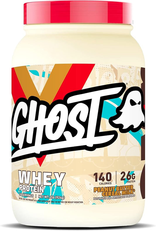GHOST Whey Protein Powder, Peanut Butter Cereal Milk - 2LB, 26G of Protein - Whey Protein Blend - Post Workout Fitness & Nutrition Shakes, Smoothies, Baking & Cooking - Soy & Gluten-Free