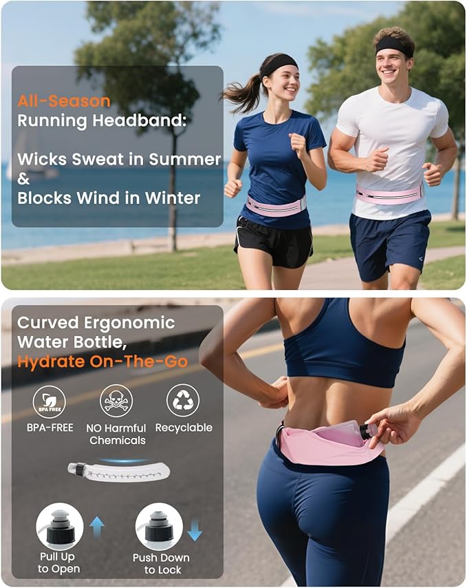 Running Belt with Water Bottle & Headband, No-Bounce Hydration Belt Adjustable Reflective Waterproof Fanny Pack for Women & Men, Fits All Phones (M-Pink)