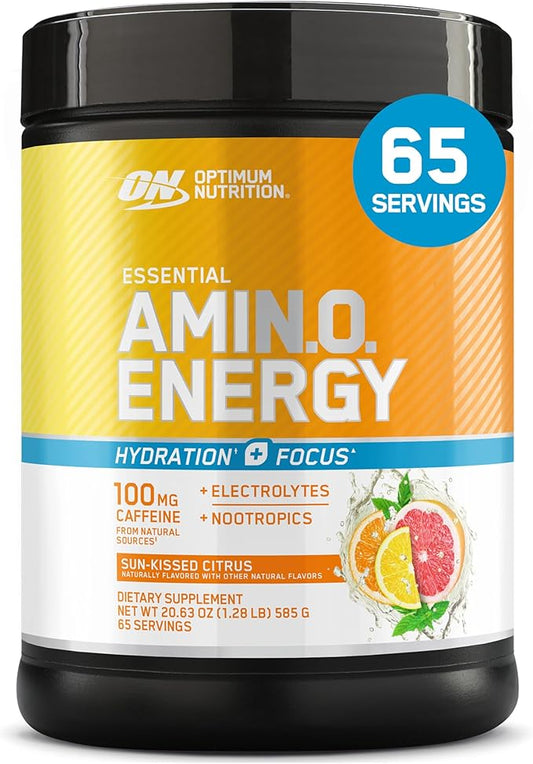 Optimum Nutrition Amino Energy Powder Plus Focus, with BCAA, Electrolytes, and Caffeine, Sunkissed Citrus, 65 Servings (Packaging May Vary)