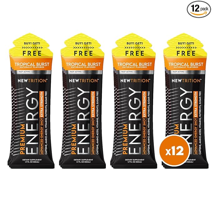 NewTrition® Extra Strength Energy Shots, 250mg Caffeine Energy Shots with Vitamin B & Amino Acids, Sugar-Free Vitamin Energy Shot, 1.7 fl oz (Pack of 12, Tropical Burst)