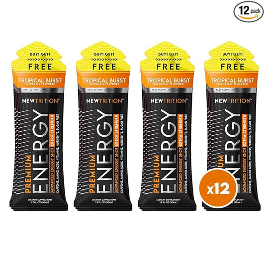 NewTrition® Extra Strength Energy Shots, 250mg Caffeine Energy Shots with Vitamin B & Amino Acids, Sugar-Free Vitamin Energy Shot, 1.7 fl oz (Pack of 12, Tropical Burst)