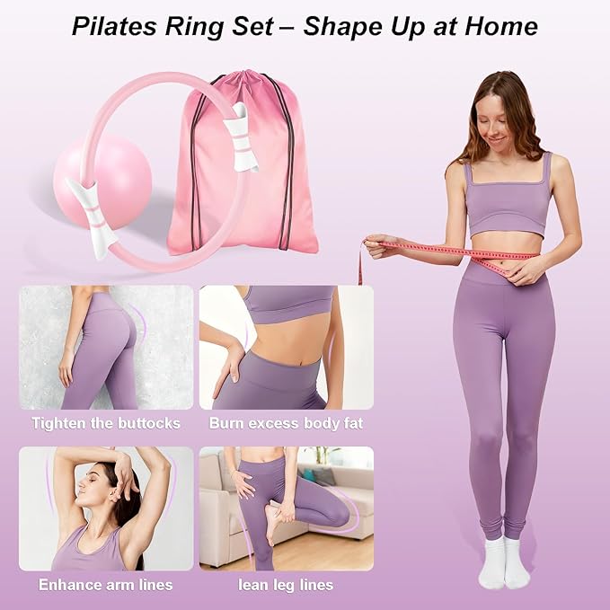 Luscinia Pilates Equipment Kit for Women Home Pilates Essentials Set with 14" Pilates Ring Circle 7" Pilates Ball Pilates Resistance Bands Figure 8 Band and Accessories Pink Pilates Kit for Beginners