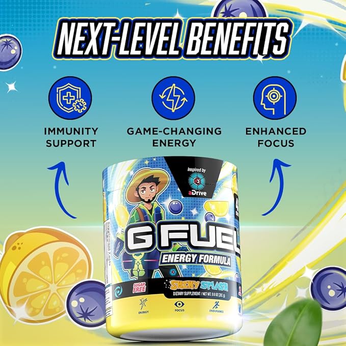 G fuel aDrive Energy Drink Powder, Pre Workout Caffeine Mix for Gaming, Sugar Free Focus Amino, Vitamin + Antioxidants, 9.9oz (Blueberry & Lemonade, 40 Servings)