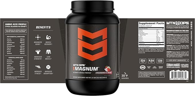 MTN OPS Magnum Strawberry Protein Powder, 23g of Whey Isolate Protein & Milk Protein with BCAAs, Zero Sugar & Gluten Free, Strawberries & Cream, 30-Serving Tub
