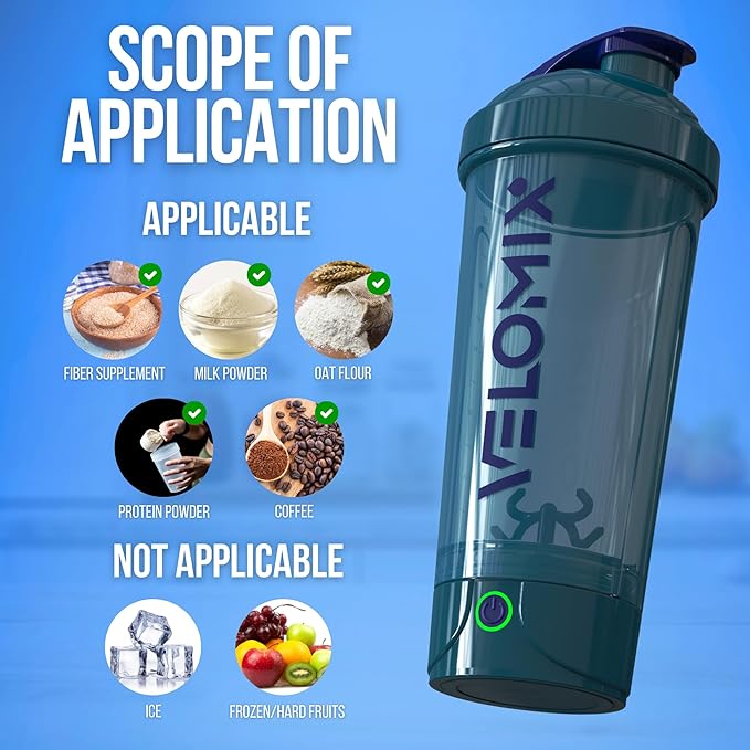 VELOMIX Electric Protein Shaker Bottle - 24 oz | USB-C Rechargeable | Leak Proof Shaker Cups for Protein Shakes | Portable Blender for Shakes and Smoothies (Electric - Blue)