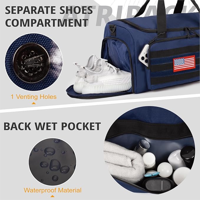 Tactical Gym Bag for Men, 40L Large Capacity Duffle Bags with Shoes Compartment, Sports Bag with wet compartment, Multi-functional Weekend Bags Suitable for Travel, Camping,hiking