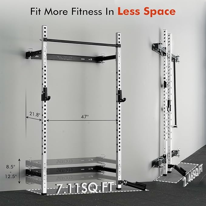 Mikolo 2" x 2" Folding Wall Mounted Squat Rack, 1000 Pounds Capacity Power Rack with Pull Up Bar, J Hooks and Other Attachments, Space-Saving Home Gym