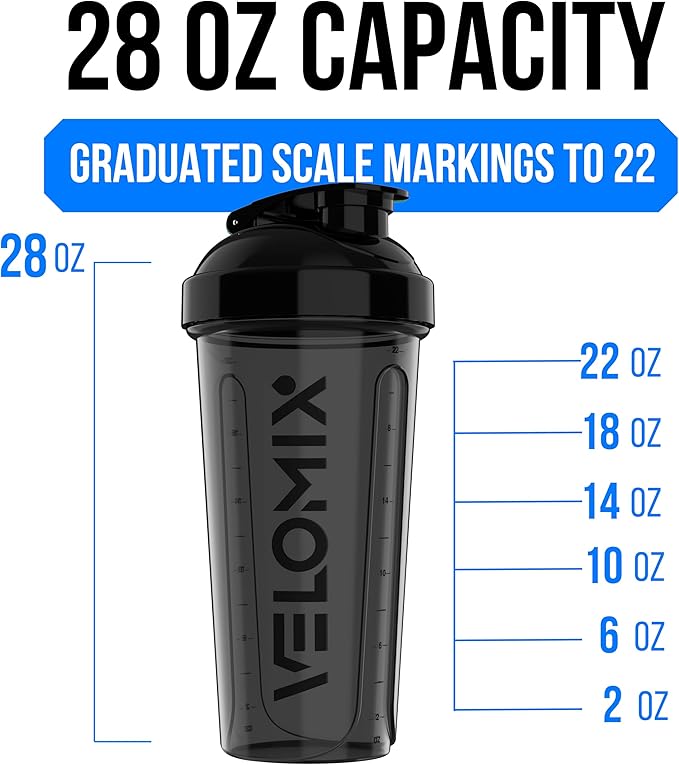 VELOMIX -2 Pack- 28 oz Protein Shaker Bottles for Protein Mixes - 2x Wire Whisk | Leak Proof Shaker Cups for Protein Shakes | Protein Shaker Bottle Pack | Shakers for Protein Shakes - 2xBlack