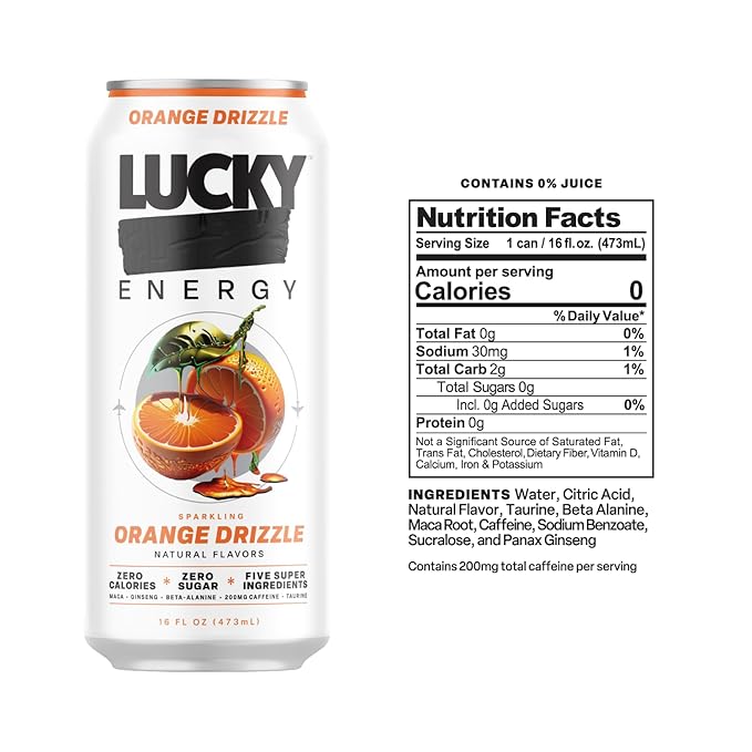 Lucky Energy Sugar Free Energy Drinks 16 Fl Oz Cans (12-Pack) Orange Drizzle with Maca, Ginseng, Taurine, Beta-Alanine, 200mg Caffeine
