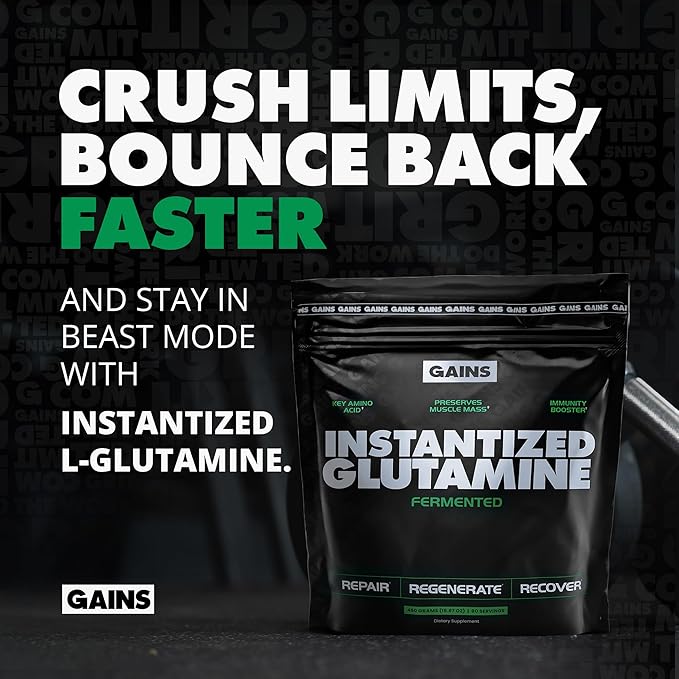Gains in Bulk L-Glutamine, Gluten Free Glutamine Powder for Muscle Recovery and Growth, Post Workout Support, Amino Acid Supplement, Promotes Protein Synthesis, Non GMO, Unflavored, 90 Servings