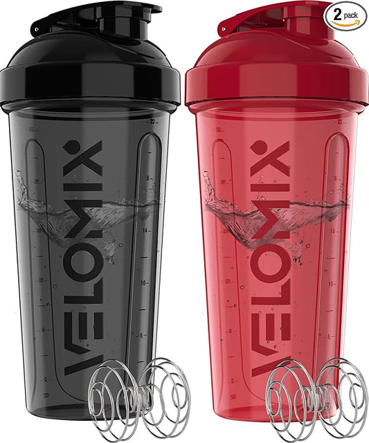 VELOMIX -2 Pack- 28 oz Protein Shaker Bottles for Protein Mixes - 2x Wire Whisk | Leak Proof Shaker Cups for Protein Shakes | Protein Shaker Bottle Pack | Shakers for Protein Shakes - Black&Red