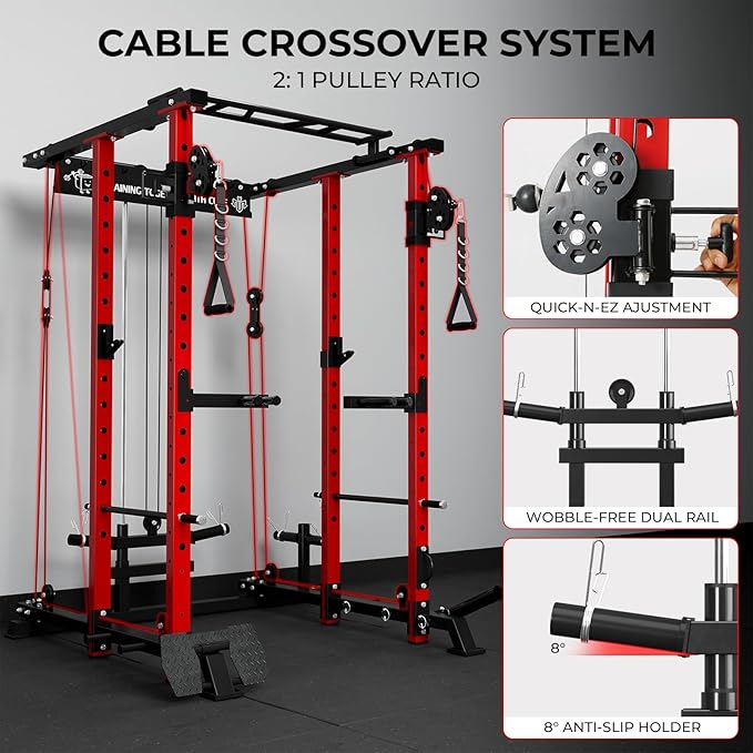 Mikolo Power Cage, 1500lbs Power Rack with LAT PullDown and Cable Crossover System, Squat Rack with Pulley System, Weight Cage for Home Gym with Training Attachments