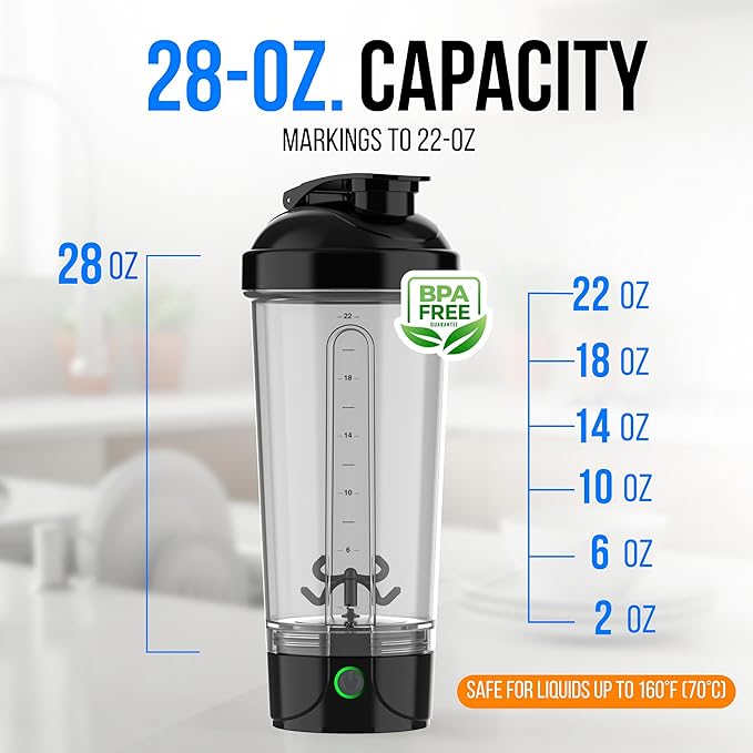 VELOMIX Electric Protein Shaker Bottle - 24 oz | USB-C Rechargeable | Leak Proof Shaker Cups for Protein Shakes | Portable Blender for Shakes and Smoothies (Electric-Transparent)