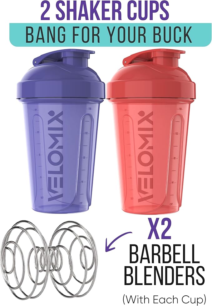 VELOMIX -2 Pack- 20 oz Protein Shaker Bottles for Protein Mixes - 2x Wire Whisk | Leak Proof Shaker Cups for Protein Shakes and Pre Workout | Protein Shaker Bottle Pack (Blush Storm)