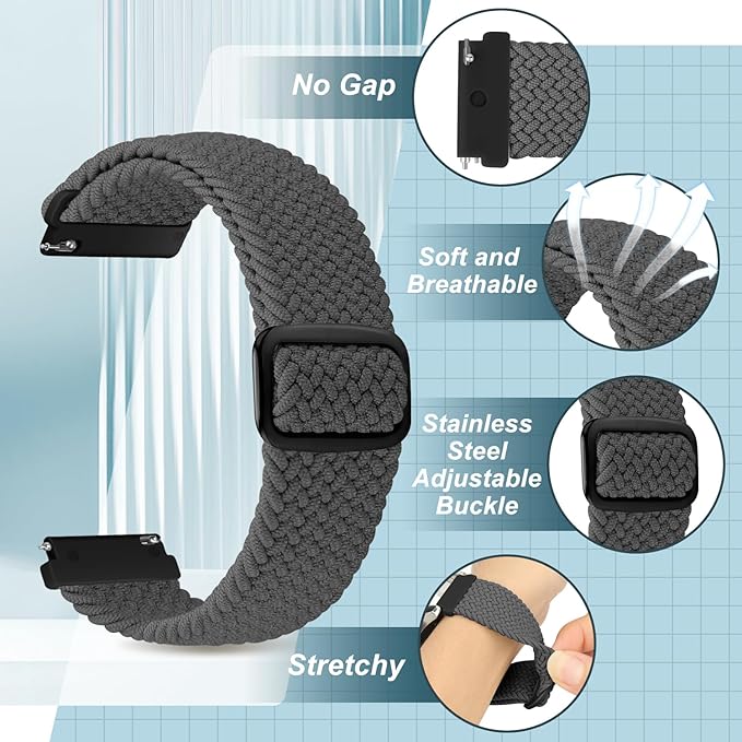 2 Pack Quick Release Braided Bands - 18mm 19mm 20mm 22mm 24mm Solo Loop Adjustable Soft Band for Women Men
