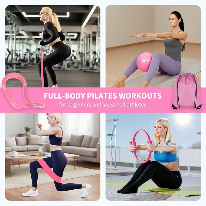 Pilates Set for Beginners Home Workouts,Home Beginners Pilates Essentials Kit for Women,Pilates Equipment Set with Mini Yoga Ball,14 Inch Pilates Ring Resistance Band and Accessories