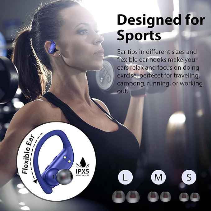 bmanl Wireless Earbuds Bluetooth Headphones 48hrs Play Back Sport Earphones with LED Display Over-Ear Buds with Earhooks Built-in Mic Headset for Workout Blue