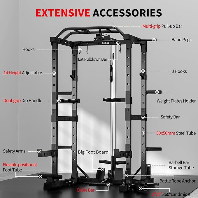 JEEKEE Power Cage,2000lbs Multi-Function Squat Rack, 2000lbs Power Rack with Cable Crossover System and 20+ Attachments