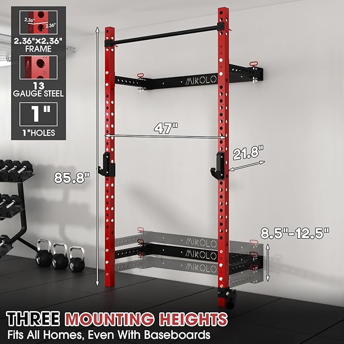 Mikolo 2" x 2" Folding Wall Mounted Squat Rack, 1000 Pounds Capacity Power Rack with Pull Up Bar, J Hooks and Other Attachments, Space-Saving Home Gym