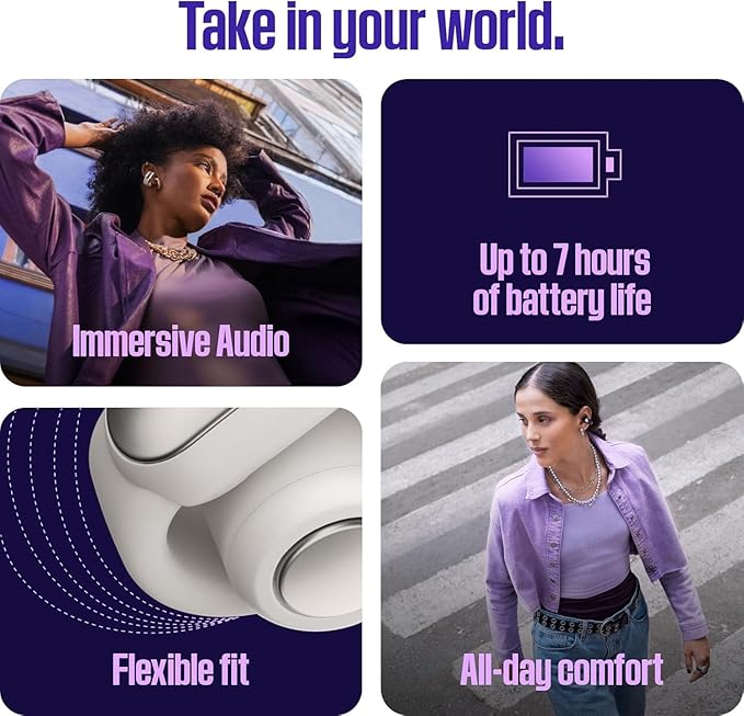 Bose Ultra Open Bluetooth Earbuds, True Wireless Earbuds with OpenAudio for Awareness, Clip On Design for Comfort, Immersive Audio, Up to 48 Hrs of Playtime + 20W Wall Charger (Chilled Lilac)