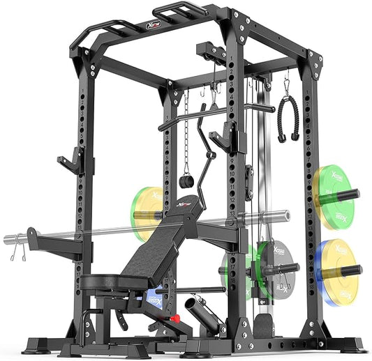 Power Cage Multi-Function Power Rack with Cable Crossover System,1800 LBS Capacity Squat Rack with Weight Bench,for Home Gym