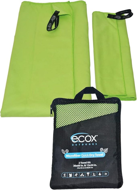 ecox Outdoors Microfiber Towel Fast Drying Soft Feel Fast Action Drying for Gym Beach Outdoors Travel Yoga Camping Compact Size 2 Piece Set 30x60 in and 12x24 in Green MFT2PG