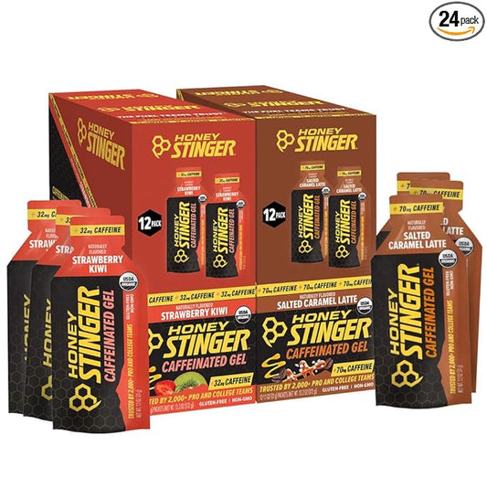Honey Stinger Caffeinated Organic Energy Gel Variety Pack, 12 Packs Each of Salted Caramel Latte & Strawberry Kiwi, Caffeinated & Gluten Free, for All Exercises, Sports Nutrition for Home & Gym