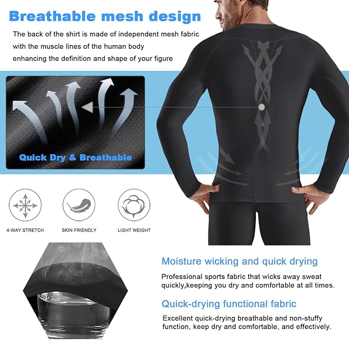 Men's Compression Shirt Long Sleeve Athletic Sports Shirt Quick-Drying Breathable Running Shirt for Fitness