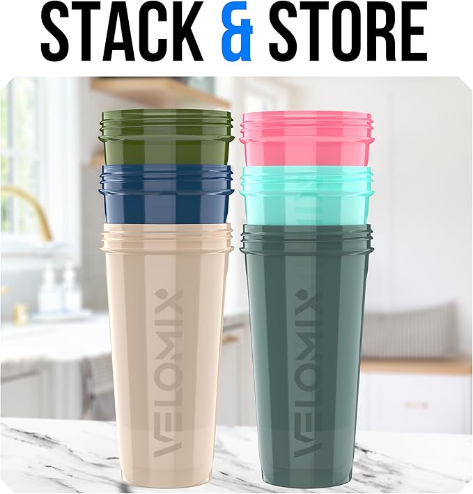 VELOMIX -6 PACK- 28 OZ Protein Shaker Bottles for Protein Mixes, Shaker Cups for Protein Shakes, Small Shaker Bottle Pack, Shaker Cup, Shakers for protein Shakes (Most Popular)