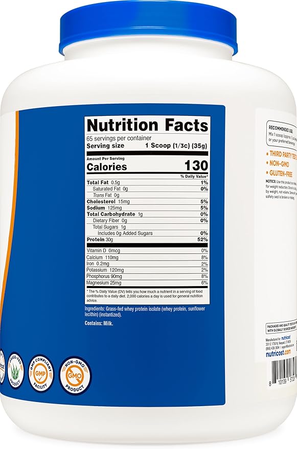 Nutricost Grass-Fed Whey Protein Isolate (Unflavored) 5LBS - rBGH Free, Non-GMO & Gluten Free