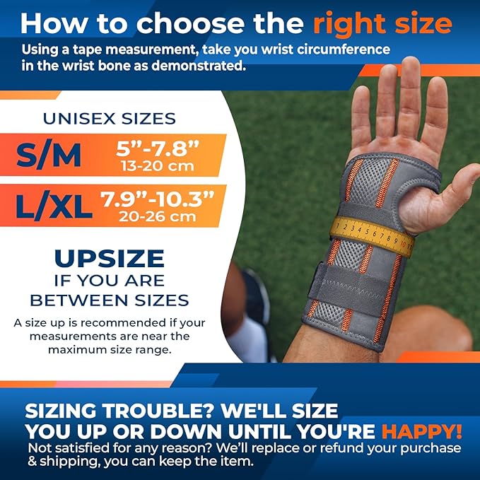 DR. BRACE Adjustable Wrist Brace Night Support for Carpal Tunnel, Doctor Developed, Upgraded with Double Splint & Therapeutic Cushion,Hand Brace for Pain Relief,Injuries,Sprains (L/XL Right Hand, Grey-Orange)