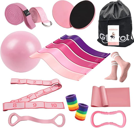 Pilates Essentials Kit for Women, Yoga Exercise Equipment Set for Home Workouts with Mini Ball, Resistance Bands, Sliding Disks & Accessories - Fitness Set for Yoga & Pilates Beginners
