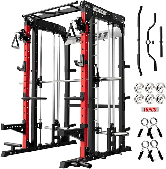RitFit M2 Smith Machine with with Cable Crossover System, 3D Functional Trainer & Power Cage, 16 Adjustment Holes, 6 Storage Pegs for Full-Body Home Gym