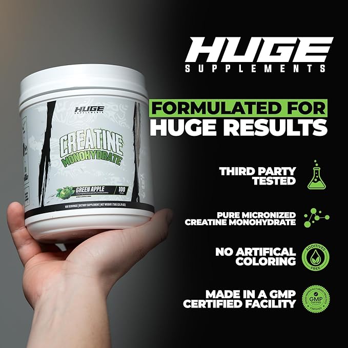Flavored Creatine Monohydrate Powder - Green Apple Flavor, 500 Grams, Third Party Tested, Micronized for Optimal Absorption, 5 Grams Per Scoop, Delicious & Easy Mixability (100 Servings)