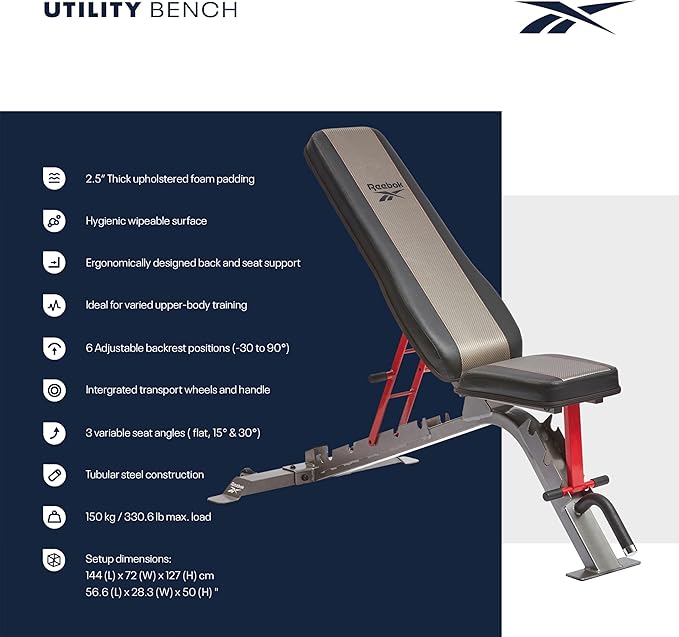 Reebok Fitness Strength Training Bench with Wipeable Padding, Non-slip Feet, 330lb Weight Capacity, Bench for Seated and Bridging Exercises
