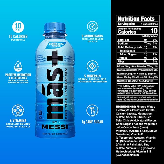 Más+ by Messi 16.9oz Berry Copa Crush, Sports Drink & Hydration Beverage, Natural Flavors with Vitamins and Electrolytes, No Artificial Sweeteners or Colors, 12-pack