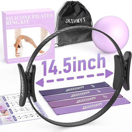 JKSHMYT Silicone Pilates Ring-14.5" Home Pilates kit with Padded Handles, Mini Ball, Resistance Bands, Guide & Bag, Better me Pilates Essentials Circle Set for Workouts Women