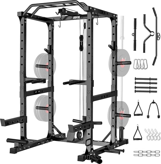 JEEKEE Power Cage,2000lbs Multi-Function Squat Rack, 2000lbs Power Rack with Cable Crossover System and 20+ Attachments