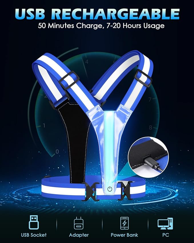 Zacro LED Reflective Vest Running Gear, 5 Lights Colors High Visibility Reflective Running Gear Rechargeable Light Up Running Vest for Walking Running Cycling, Adjustable for Men Women Kids
