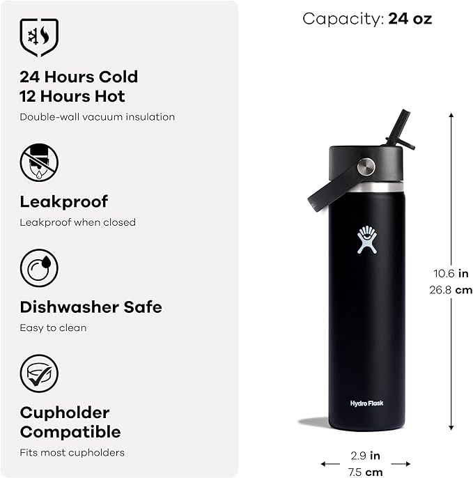 Hydro Flask Water Bottle - Insulated Stainless Steel - Wide Mouth Flex Straw Lid, Non Spill, Leakproof and Refillable in 24 Oz Aloe Green