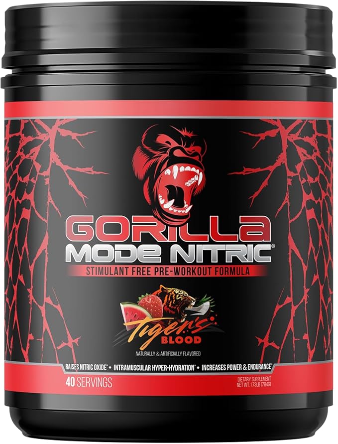 Gorilla Mind - Gorilla Mode Nitric Upgraded Stimulant Free Pre-Workout – Best Tasting and Most Effective Stimulant Free Pre-Workout/Massive Pumps · Vasodilation · Power / 784 Grams (Tigers Blood)
