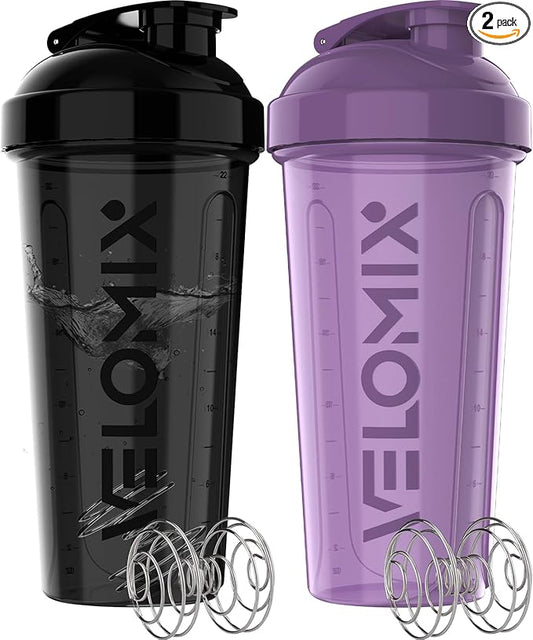 VELOMIX -2 Pack- 28 oz Protein Shaker Bottles for Protein Mixes - 2x Wire Whisk | Leak Proof Shaker Cups for Protein Shakes | Protein Shaker Bottle Pack | Shakers for Protein Shakes-Purple&Black