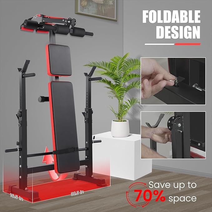 OPPSDECOR 6 in 1 Adjustable Weight Bench with Squat Rack and Removable Foot Bracket, 600lbs Bench Press Set Workout Bench with Weight Storage Sit up Incline Flat Decline Strength Training for Home Gym