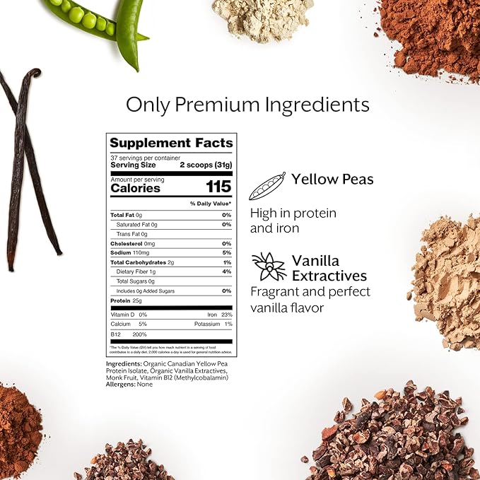 ProMix Nutrition Vegan Protein Powder, 25g Plant Based Organic Canadian Yellow Pea Protein, Vitamin B12, BCAAs, Gluten-Free - Vanilla, 2.5 Pound