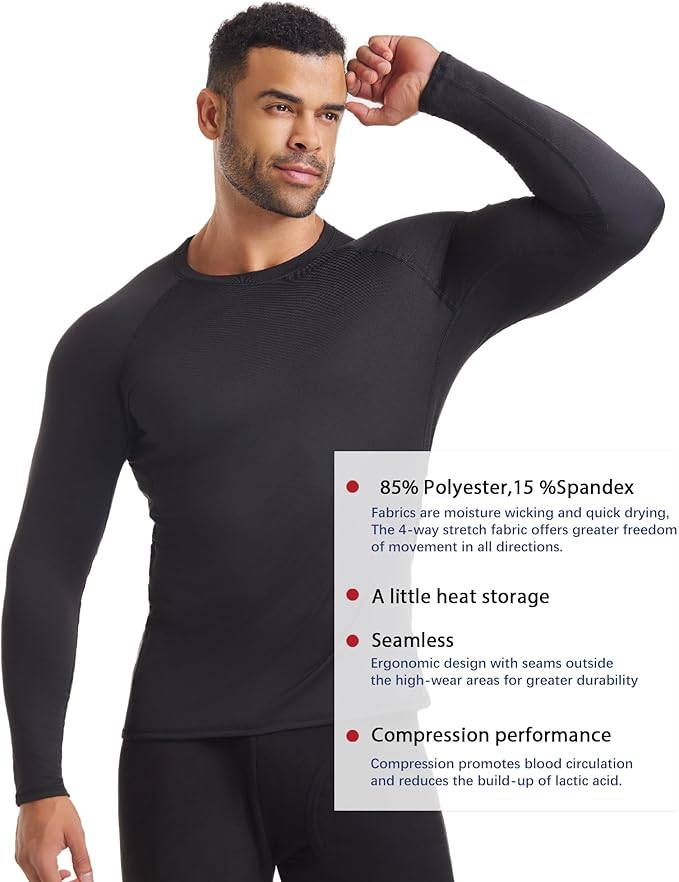 3 Pack Men's Thermal Underwear Shirts Compression Fleece Lined Long Sleeve Athletic Base Layer Cold Weather