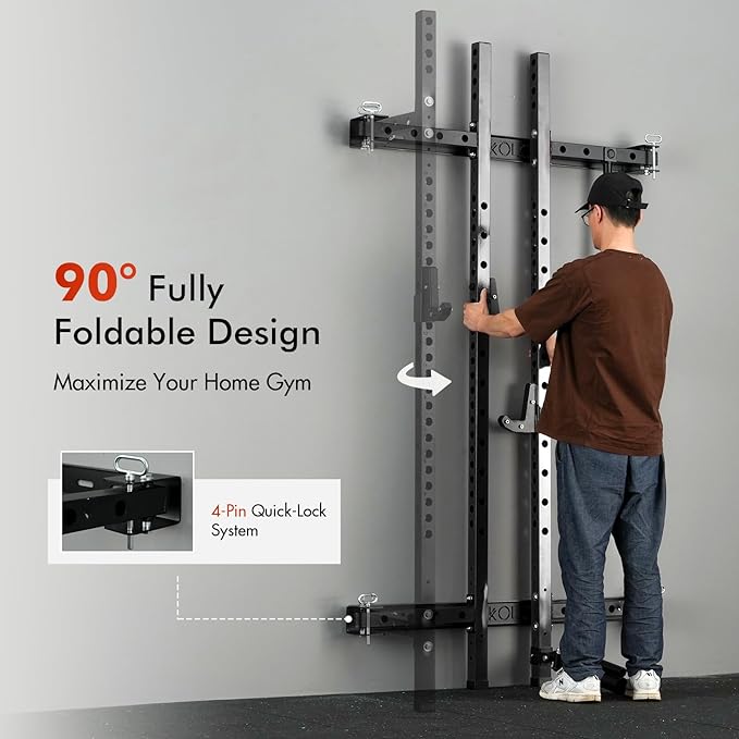 Mikolo 2" x 2" Folding Wall Mounted Squat Rack, 1000 Pounds Capacity Power Rack with Pull Up Bar, J Hooks and Other Attachments, Space-Saving Home Gym