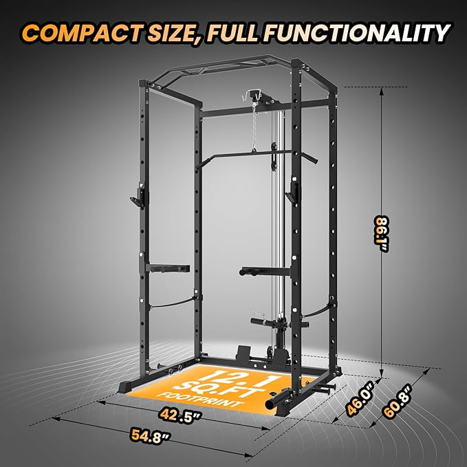 Power Cage with LAT Pulldown Machine - Squat Rack for Home Gym, Multi-Functional Weight Cage with Cable Pulley System, Dip Bars & Landmine Attachment
