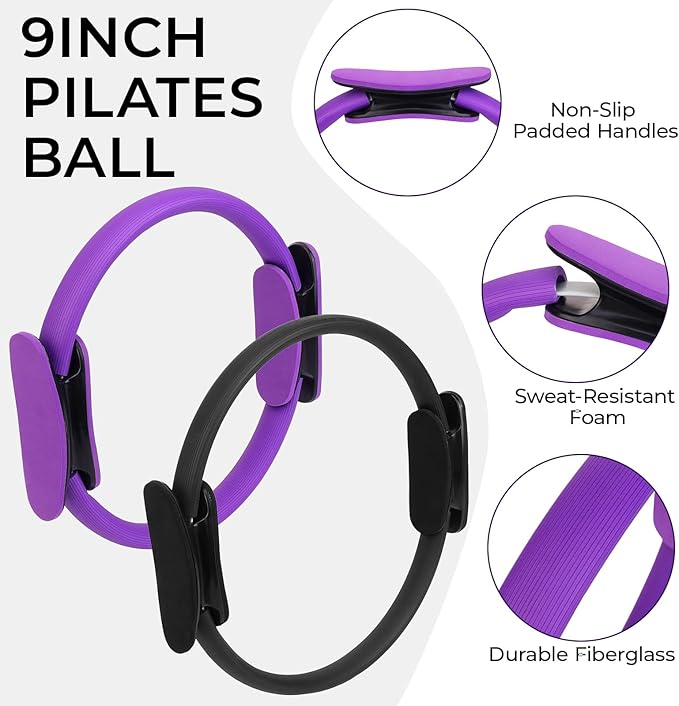 Pilates Ring and Ball Set with Resistance Bands Exercise Ball for Women, Pilates Equipment Essentials Kit 14'' & 12'' Pilates Rings, 2 Pilates Balls with Pump, 5 Bands for Home Workouts