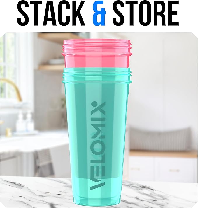 VELOMIX -2 Pack- 28 oz Protein Shaker Bottles for Protein Mixes - 2x Wire Whisk | Leak Proof Shaker Cups for Protein Shakes | Protein Shaker Bottle Pack (Pink/Turquise)